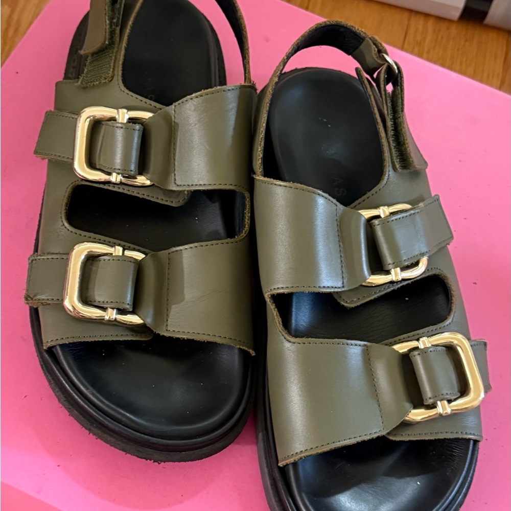 ALOHAS Olive Green Sandals with Gold Buckles